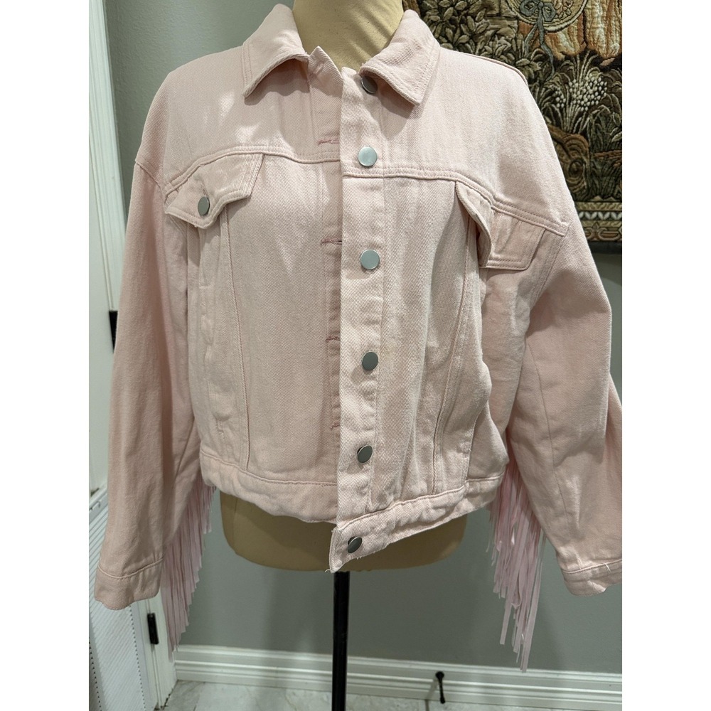 Native Daughters Jacket‎ Womens Large Pink Denim Fringe Western Cropped Snap